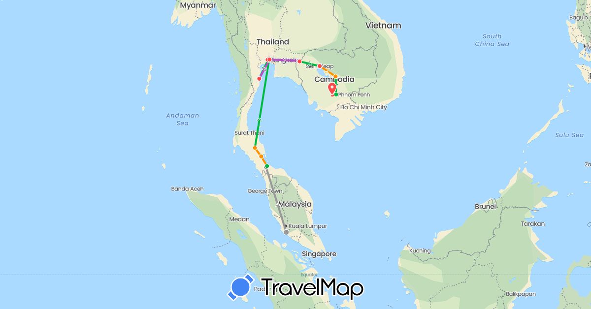 TravelMap itinerary: driving, bus, plane, train, hiking, hitchhiking, motorbike in Cambodia, Malaysia, Thailand (Asia)