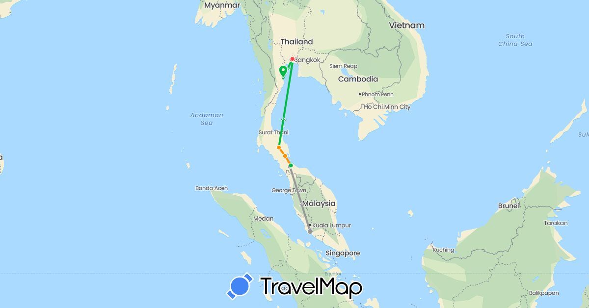 TravelMap itinerary: driving, bus, plane, hiking, hitchhiking in Malaysia, Thailand (Asia)