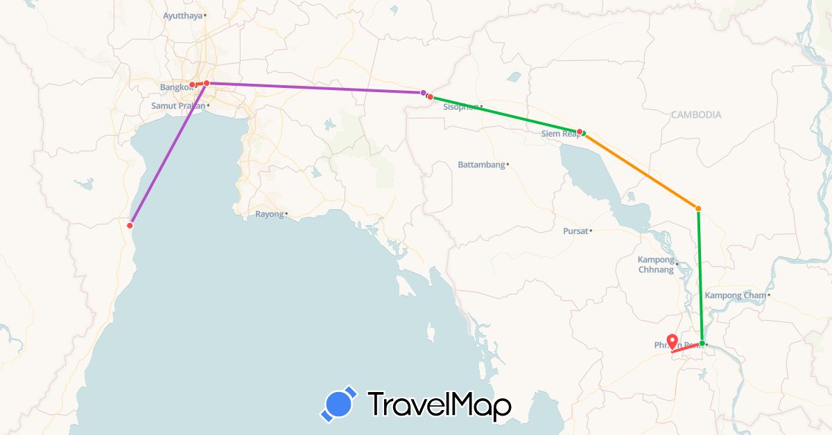 TravelMap itinerary: driving, bus, train, hiking, hitchhiking, motorbike in Cambodia, Thailand (Asia)